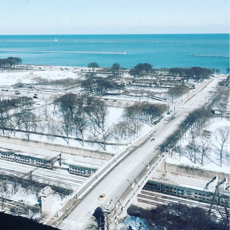 View of snowy Chicago and Lake Michigan.
