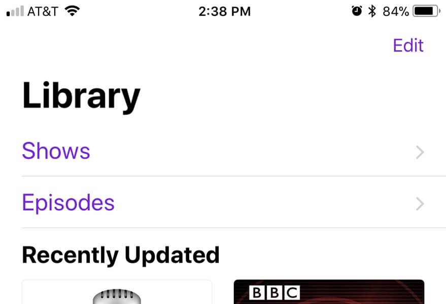 Apple Podcasts Home Screen with Library, Shows, Episodes, and Recently Updated