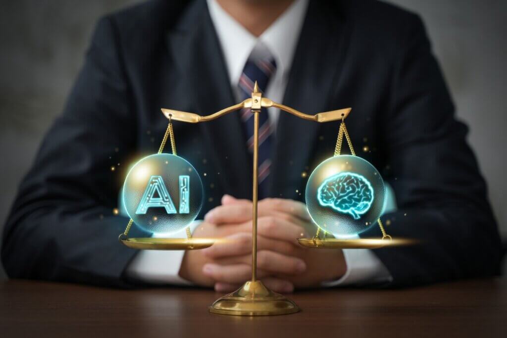 AI and mind balanced on scales of justice